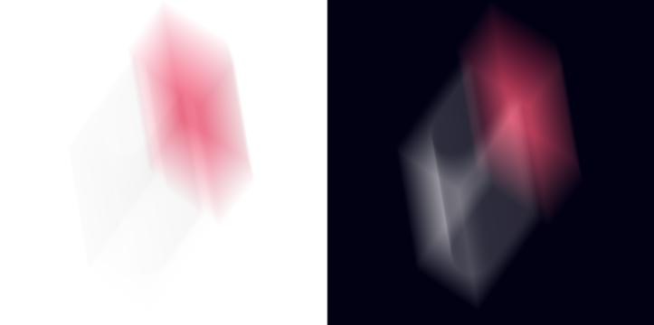 soft radiant cube-like silhouette merges shifting red and steel tones into a floating translucent