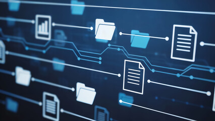Digital data flow with connected files and charts on a dark blue futuristic network interface