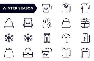 Winter season outline icon set. Containing Spring, Hail, Humidity, Fall, Fog, Winter, Snow, Wind, Rainy, and Seasons icons.