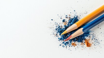 Two colored pencils, one yellow and one blue, rest on a pile of scattered blue and orange pigment dust on a white surface.