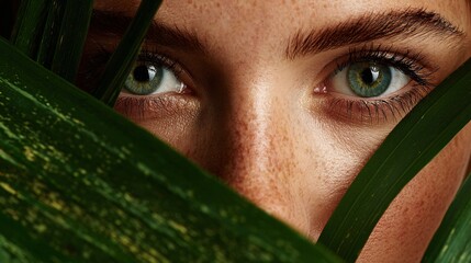 Close-up of green-eyed woman peeking through tropical leaves with natural light