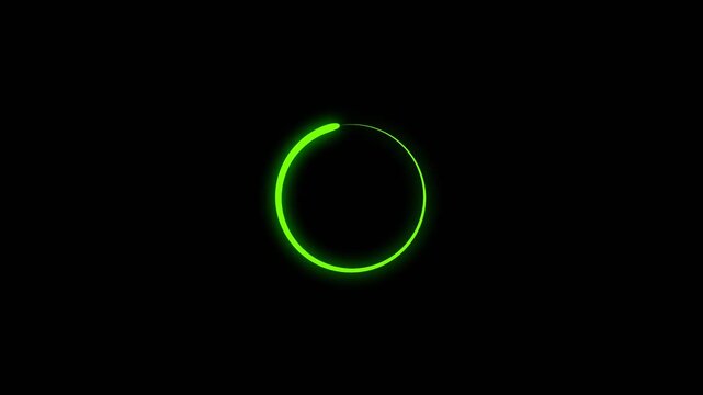 Glowing neon light circle loading icon animation on black background 4k video. Green frame circle loading icon animation.