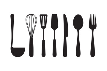 Black silhouette of assorted kitchen utensils on a white background
