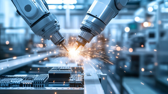 Dynamic scene of dual robotic welding arms working simultaneously on an automated line. High-tech industrial automation, robotics engineering, smart factory production, advanced manufacturing systems.