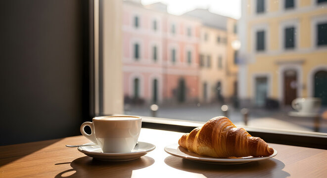 A baked French croissant sprinkled with icing or powdered sugar sits on a wooden table with an old building in the background. Enjoying a croissant with tea at a cafe is healthy. Croissants are pastri