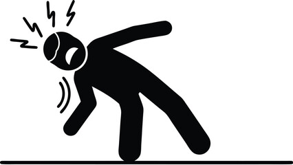Black Stick Figure Suffering from Head Injury with Shocks Around Head and Neck Pain, Falling to the Ground, Injury Concept, Isolated Vector Icon.     