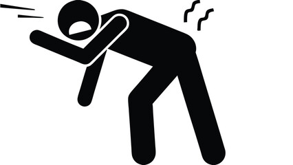 Simplified Pictogram Depicting a Person Experiencing Lower Back Pain, Black and White Vector Illustration, Isolated on White.                         