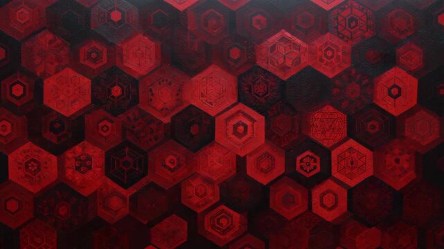 Complex red and black hexagonal pattern with geometric designs