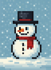 A charming retro pixel-art snowman wearing a black top hat and red scarf, set against a snowy winter background. The retro 8-bit style  for winter festive designs, greeting cards, posters, invitations