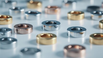 Metallic Rings Array - Precision-Engineered Metal Components in Gold, Silver, and Copper Tones.