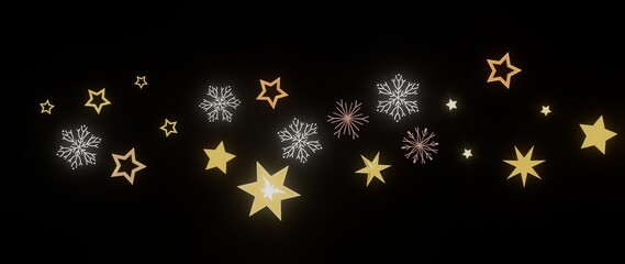 Beautiful winter design with golden stars and snowflakes on a black background. Perfect for Christmas or New Year's.