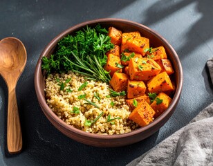Hearty plant-based bowl with baked sweet potato, quinoa, and fresh herb garnish.