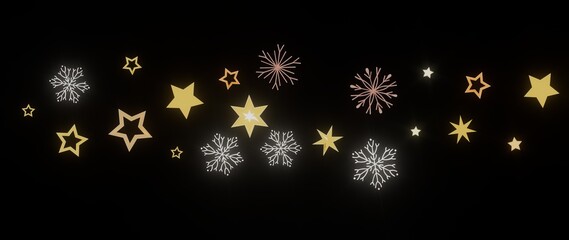 Beautiful winter design featuring golden stars and snowflakes on a black background. Perfect for holidays.