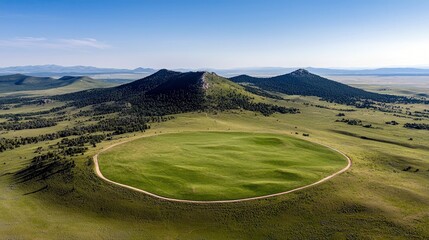 An expansive, vibrant green field is surrounded by a dirt road, set against a backdrop of rolling hills and pine-covered mountains.