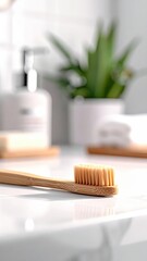 Bamboo Toothbrush on Bathroom Counter Close Up