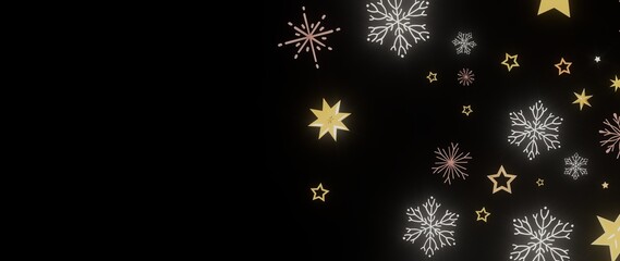 Festive winter design with gold stars and snowflakes on a black background. Perfect for holidays.