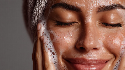 Woman's face with rich lather cleansing foam eyes closed enjoying a refreshing skincare moment