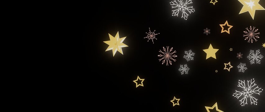 Elegant Christmas or winter design. Perfect for cards, banners, and websites. Gold stars and snowflakes on black. - Powered by Adobe