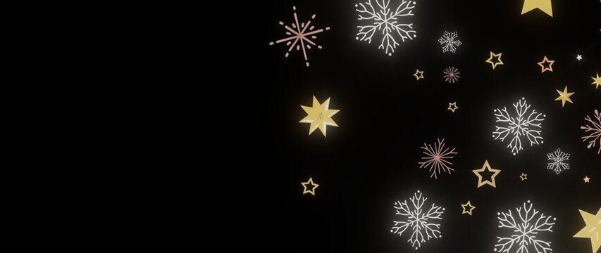Festive winter design with gold stars and snowflakes on a black background. Perfect for holidays.