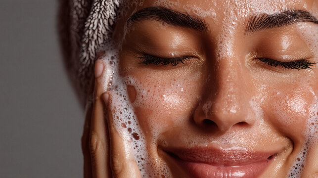 Woman's face with rich lather cleansing foam eyes closed enjoying a refreshing skincare moment
