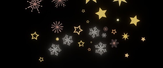 Beautiful holiday background with gold stars and snowflakes on black. Perfect for Christmas, New Year, winter holidays.