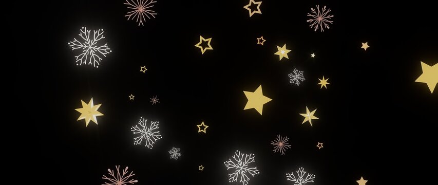 Beautiful winter background with gold stars and snowflakes on a black background. Perfect for holidays.