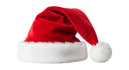 Red santa claus hat with white fur trim and a fluffy pompom