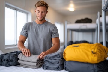 A young man neatly folding clothes in a shared living space, creating an organized environment. The setting is casual and practical, ideal for travel or dorm life.