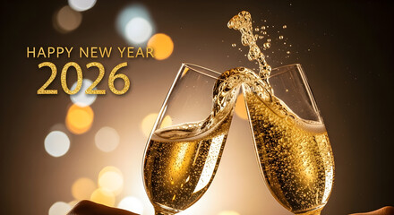 Champagne Toast for New Year Celebration with Happy New Year 2026 Text and Bokeh Lights