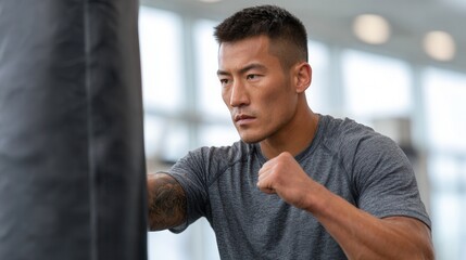 A determined male boxer practices punches on a heavy bag in a modern gym. The atmosphere is intense and focused, showcasing dedication to fitness.