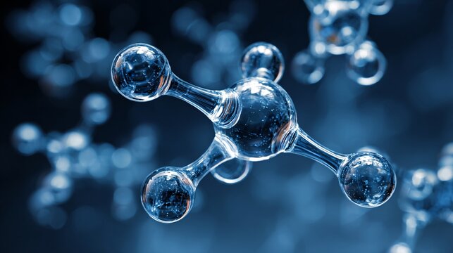 3D Render of Shiny Blue Molecule Structure with Reflective Atoms