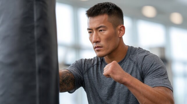 A determined male boxer practices punches on a heavy bag in a modern gym. The atmosphere is intense and focused, showcasing dedication to fitness.