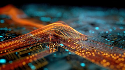 Luminous Orange Data Streams Arching Over a Glowing Blue Digital Circuitry.