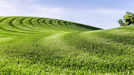A lush green landscape of rolling hills, featuring distinct mowing patterns and a single tree on the horizon under a bright blue sky.