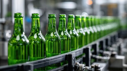 A bright and clear image of a food and beverage production line, with dozens of green glass bottles perfectly aligned on a stainless steel conveyor