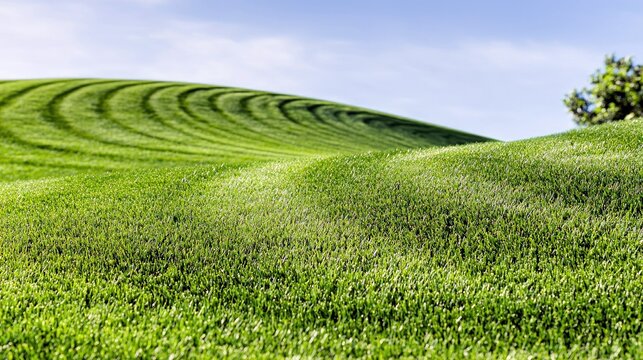 A lush green landscape of rolling hills, featuring distinct mowing patterns and a single tree on the horizon under a bright blue sky.