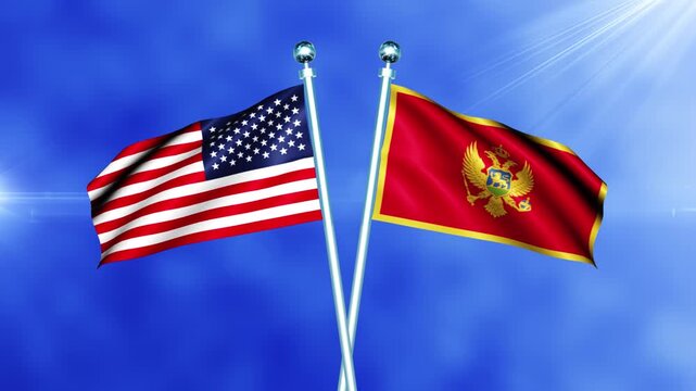 USA and Montenegro Flag Waving On Pole Loop