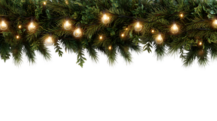 Garland of pine leaves with glowing light bulbs positioned along top border isolated on white background