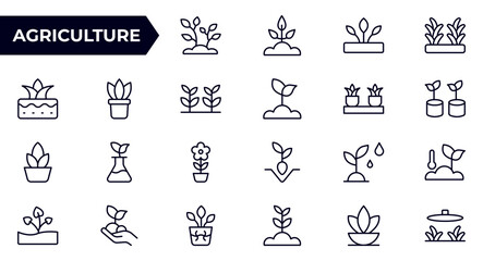 Agriculture and farming line icon set. Vector plant sprouts and seedlings, root vegetables and seeds in seedbeds, greenhouses, and farm fields isolated signs with water, sun, and fertilizer