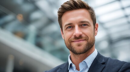 A confident businessman with a friendly smile stands in a modern office setting, showcasing professionalism and approachability.