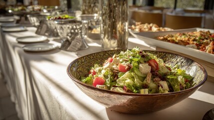 Elegant Buffet Table with Fresh Salad Bowl, Natural Light, Wedding Reception.