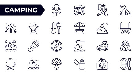 Camping outline icon set. hike, tourism, camp and travel - series. Set of line icons in linear style. Outline icon collection. Conceptual web pictogram.