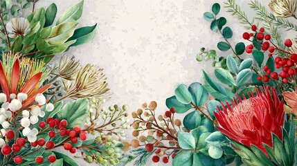 Festive floral frame with protea flowers and red berries on textured background