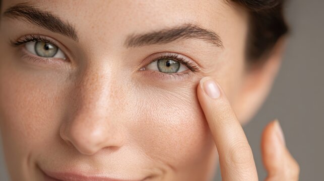 Young European woman highlights upper eyelid wrinkles while touching her face blepharoplasty idea