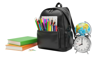Black Backpack Filled with School Supplies Next to Books, Globe, and Alarm Clock education