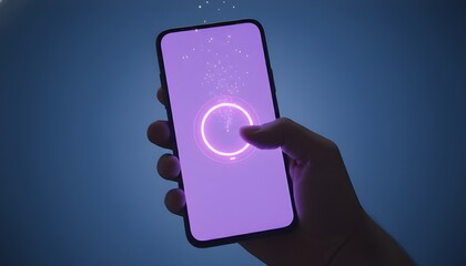 Mesmerizing Digital Interaction Hand Engaging with a Luminous Purple Smartphone Interface, Highlighting Futuristic Touch Controls and Vivid Light Effects