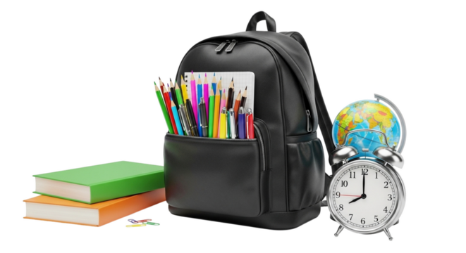 Black Backpack Filled with School Supplies Next to Books, Globe, and Alarm Clock education - Powered by Adobe