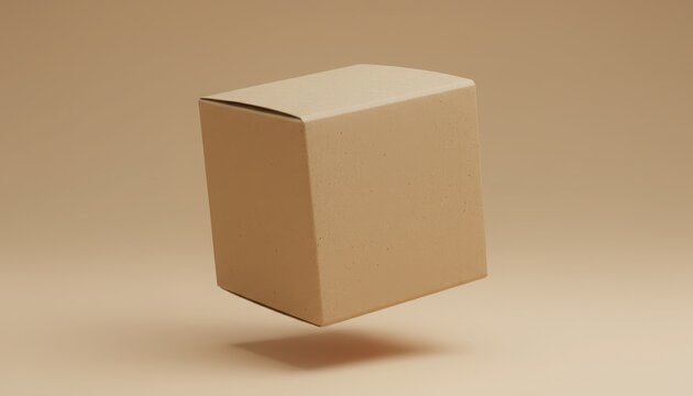 Cardboard box floating mockup with shadow on beige background