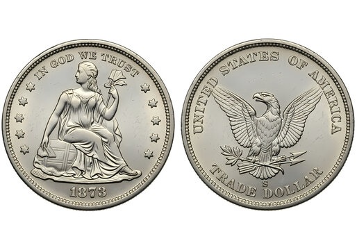 1873 Trade Dollar coin featuring liberty and eagle