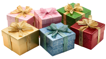 Gift boxes in gold, green, pink, red, and blue color palette isolated on white background
